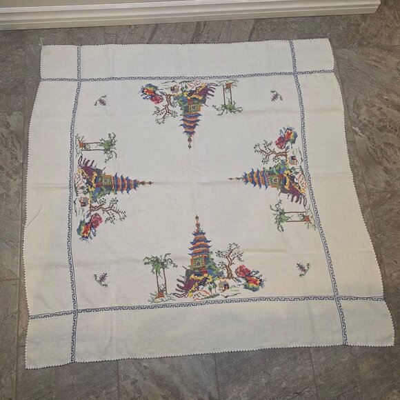 Vintage Hand-Embroidered Cross Stitch Pagoda Garden Asian Tablecloth 46" Square - Picture 1 of 5